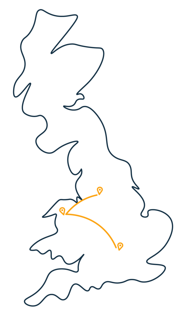 stylised map of part of the UK showing where I lived