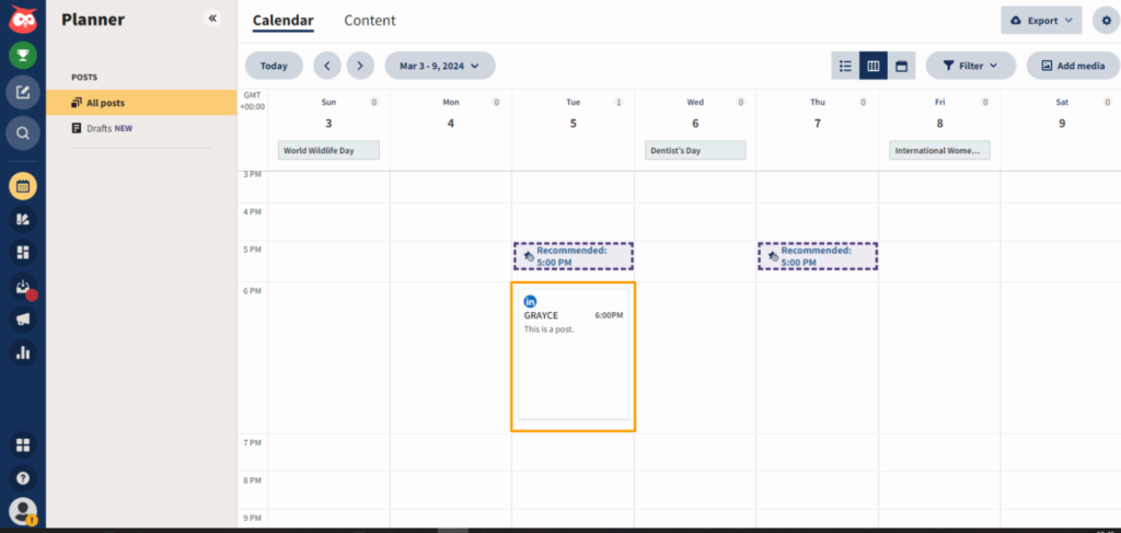 Hootsuite calendar page with highlighted rectangle showing the scheduled post